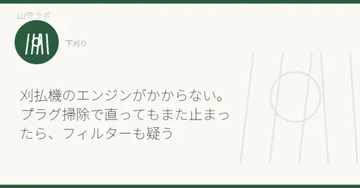 刈払機のエンジンがかからない。プラグ掃除で直ってもまた止まったら、フィルターも疑う